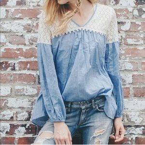 A’REVE WHITE LACE + BLUE BELL SLEEVE BOHO TOP - My Boutique